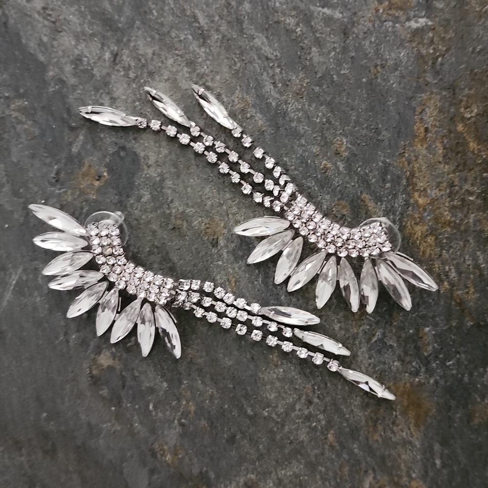 CZ Marquise Waterfall Earrings Silver Statement Bridal Wedding Ear Cuff Climber - Picture 11 of 13